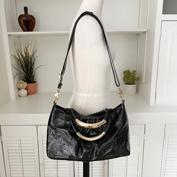 Badgley Mischka Handbags - Badgley Mischka Black Patent Leather Gold Handle Satchel Handbag
